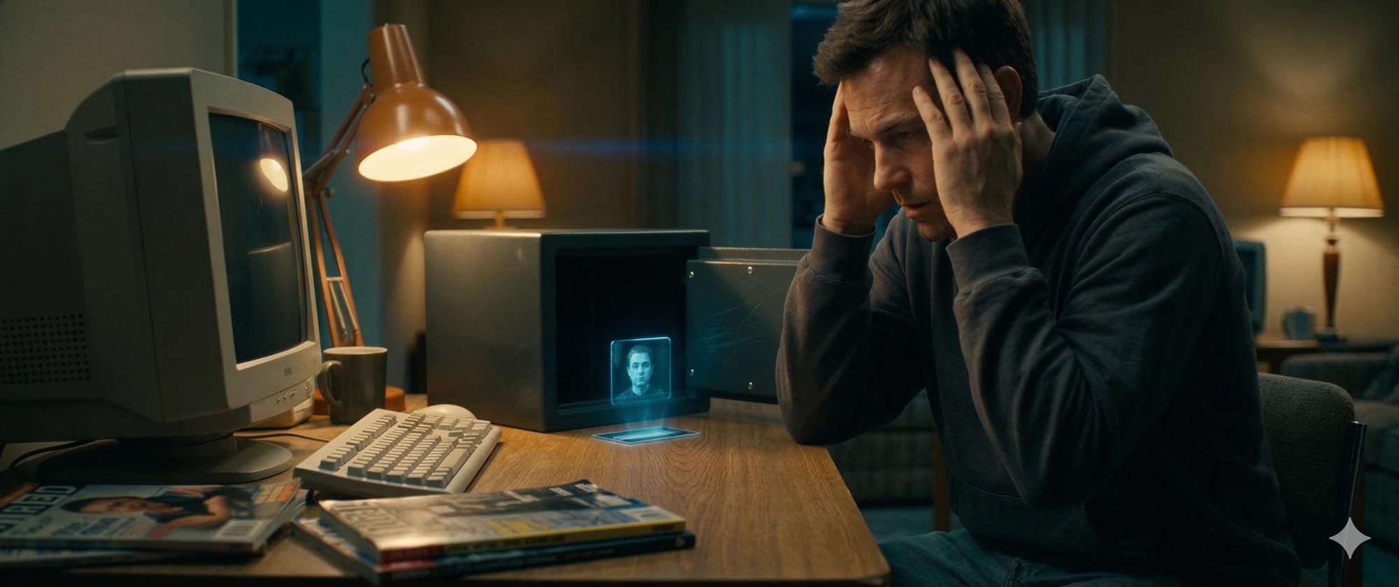 Emmett sits at his desk, head in hands, staring at a holographic face glowing from inside an open fireproof safe