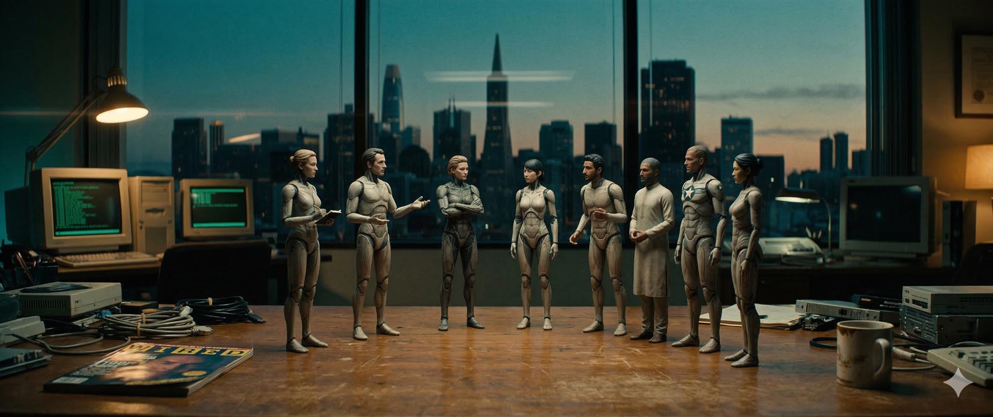 Eight small synthetic humanoid forms stand in a circle on a desk, city skyline at dusk behind them, mid-conversation