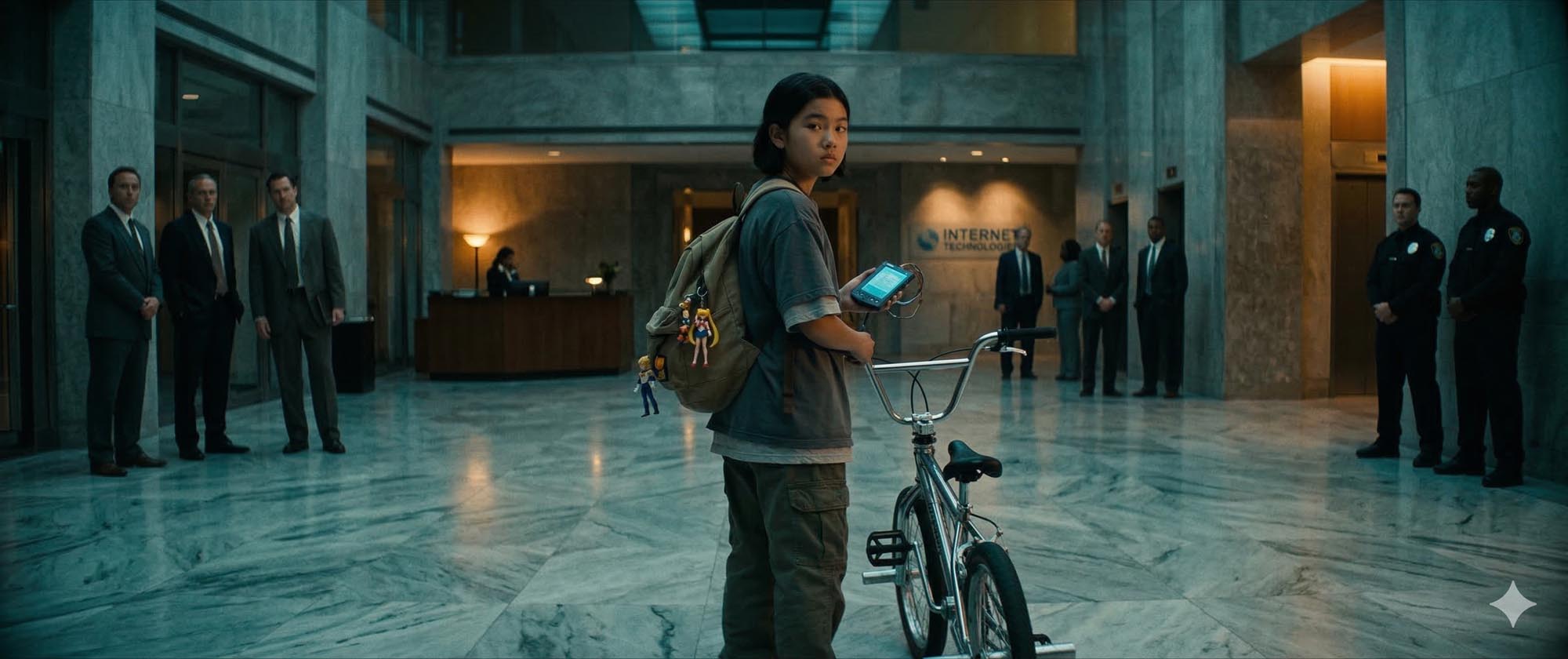 Kyoko Okimoto wheels her BMX bike through a corporate marble lobby, anime figurines on her backpack, Palm Pilot in hand