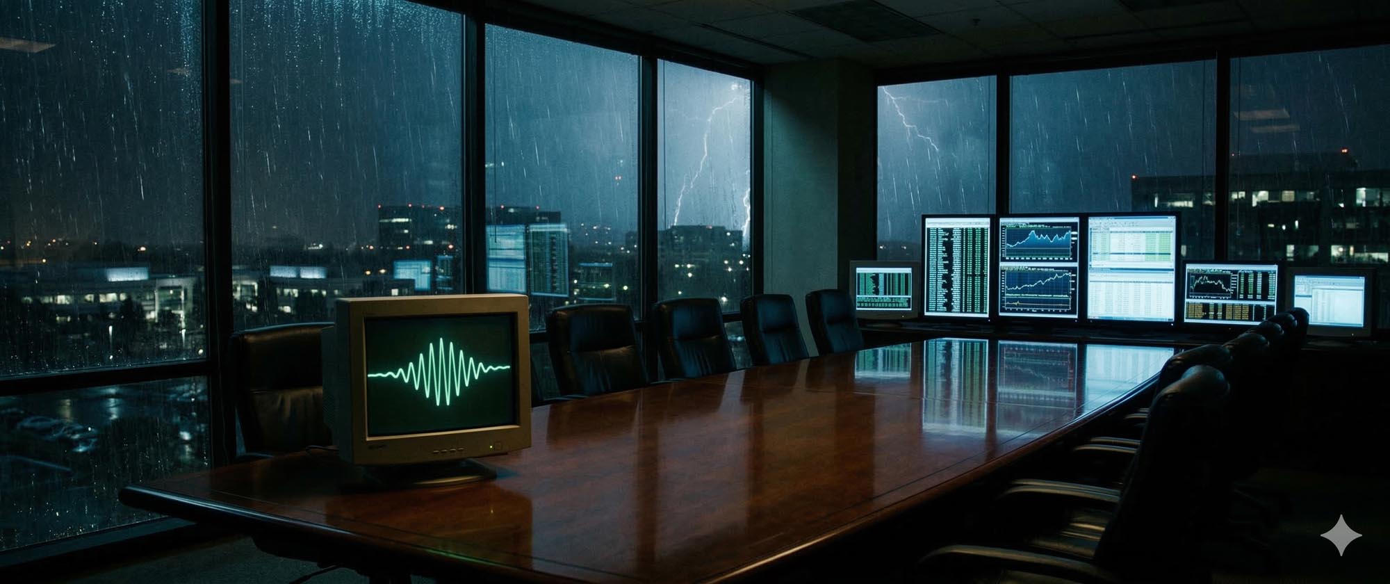 The Storm — Corporate boardroom at night, rain on windows, financial data on monitors, a single CRT screen pulses with a waveform
