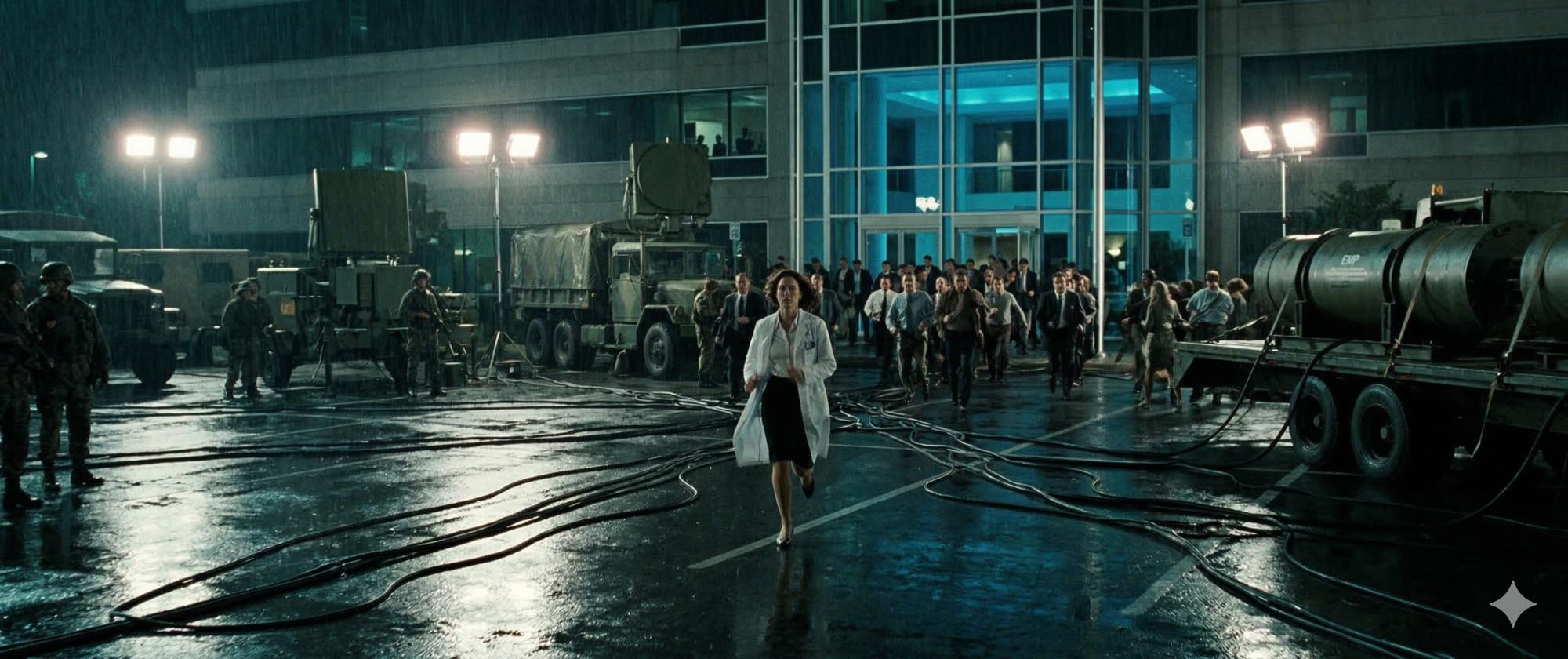 Maria runs across a rain-slicked parking lot toward a corporate building, military vehicles and EMP devices behind her, evacuating personnel in the background