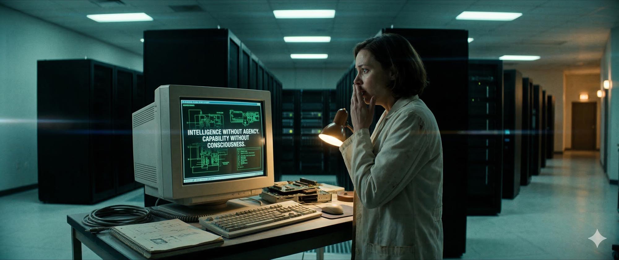 Maria stands in a sterile server room reading a monitor that displays: Intelligence without agency. Capability without consciousness.